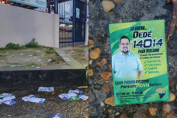 Santinhos são jogados em frente às escolas da Cidade Nova na madrugada deste domingo (15)