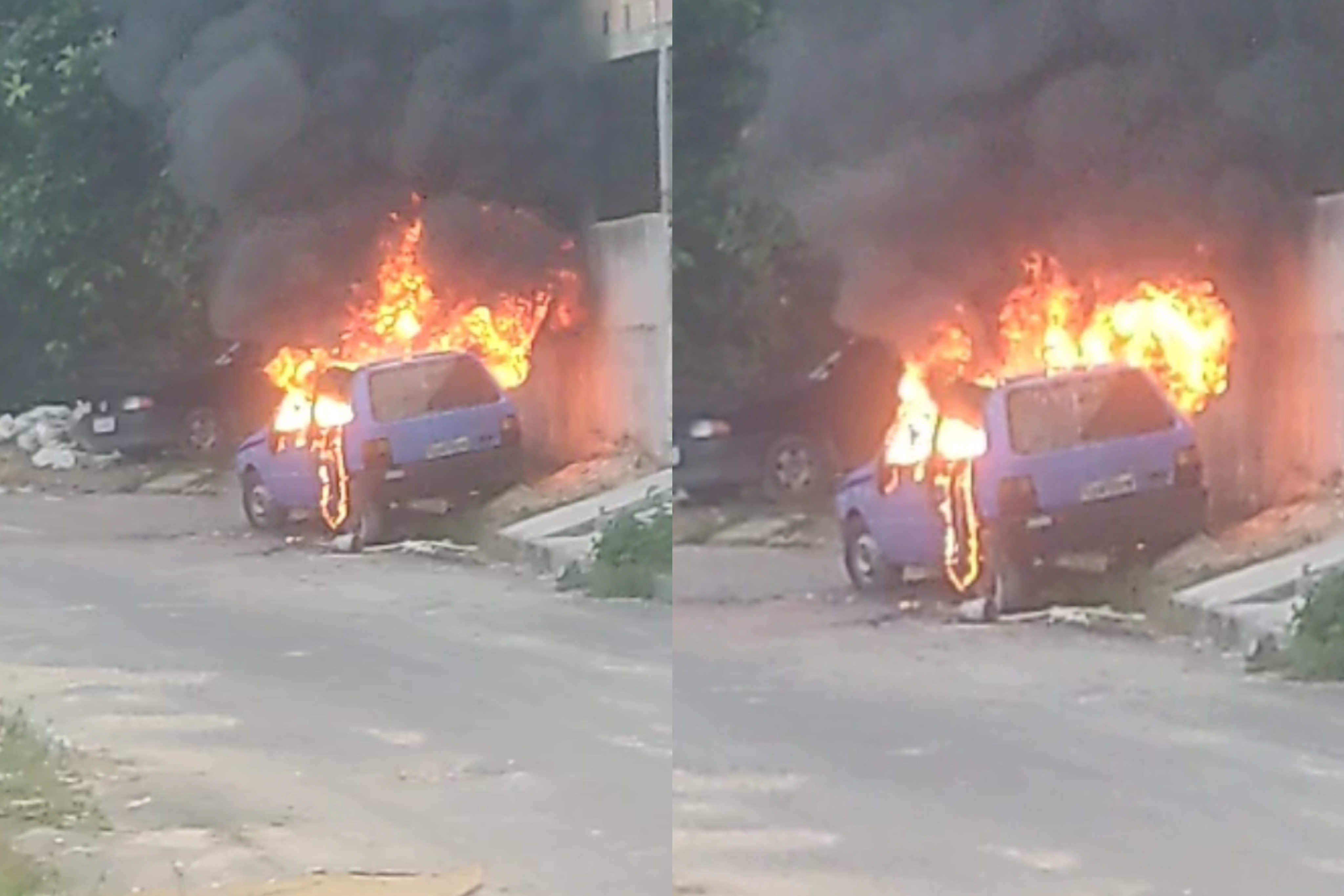 Carro fica destruído após pegar fogo no Nova Cidade